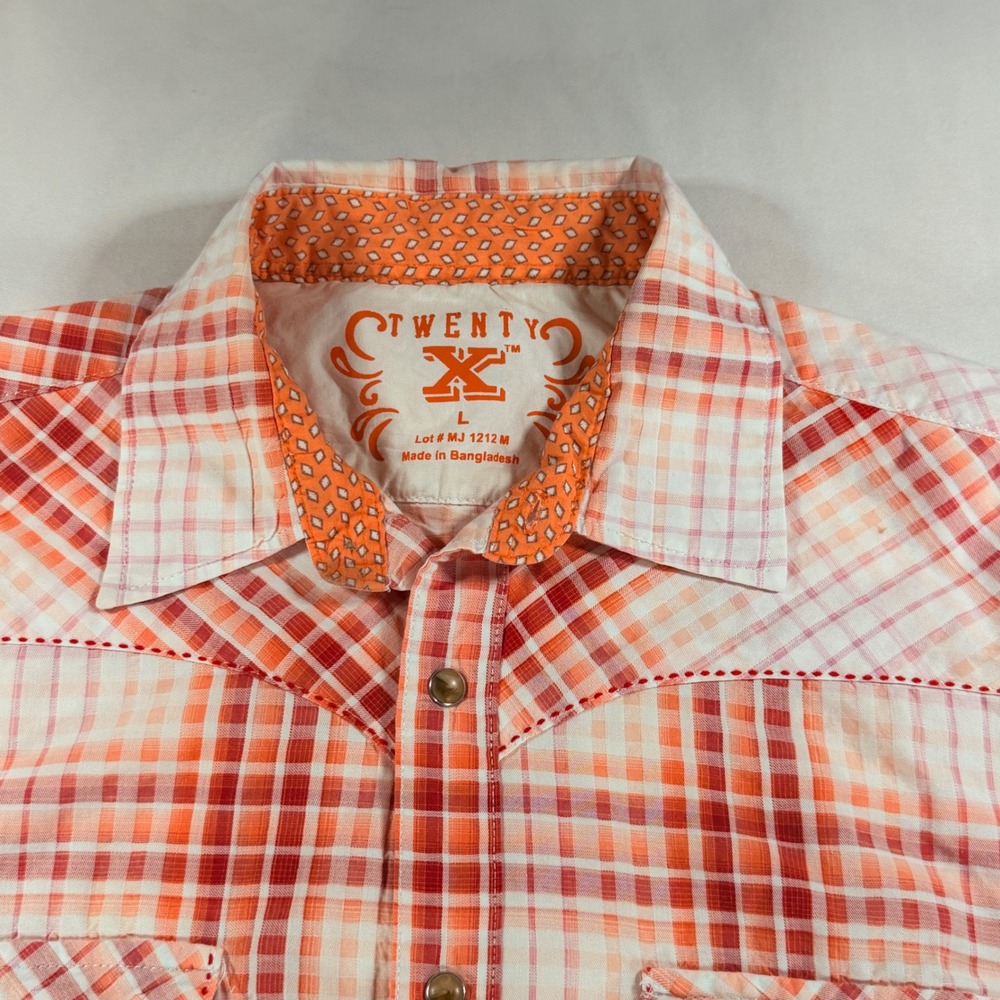 Twenty X Western Snap Shirt Women Large Orange Red Plaid Pearl Snap Cowgirl Top - Picture 2 of 6